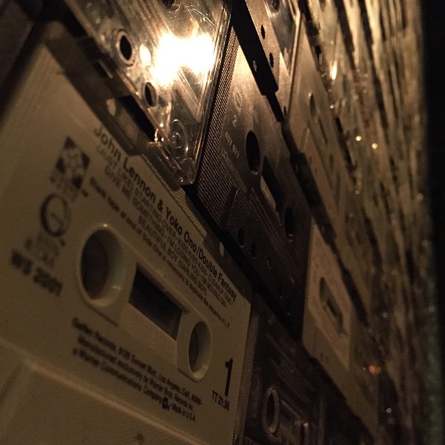 Massive wall made of cassette tapes.