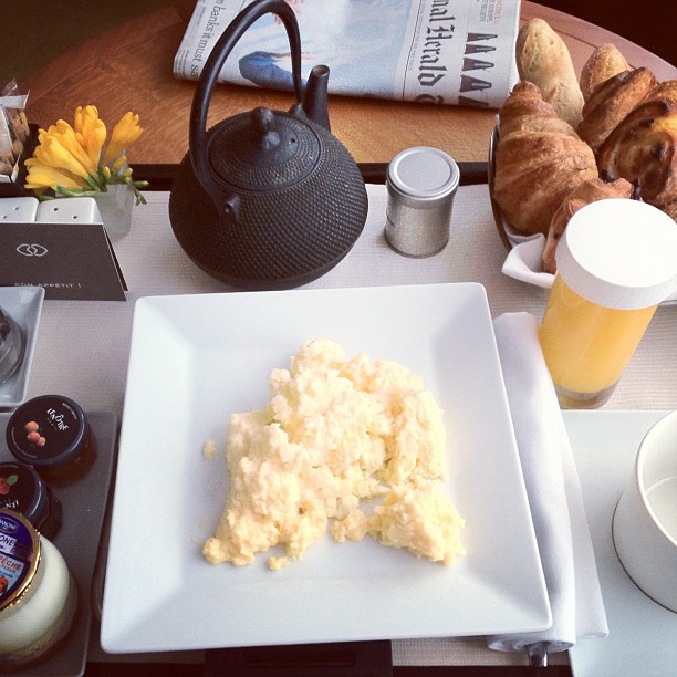 Breakfast in bed. I ate the eggs. Okay and one of the pastries. Okay, two of them.