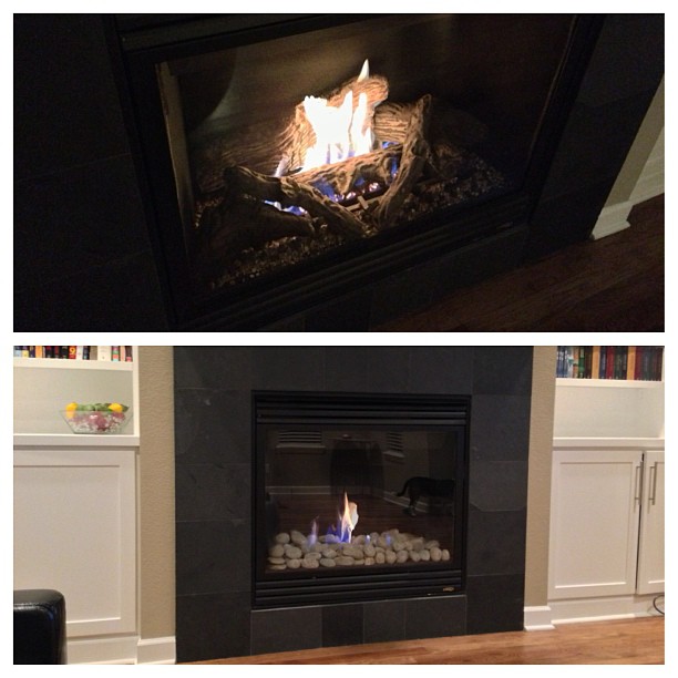 Goodbye ugly builder-grade Colorado backcountry faux wood logs. Hello something a bit more contemporary and elegant -- river rocks from the yard. #readyforwinter