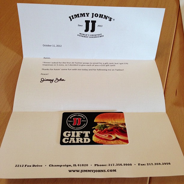 Well played @jimmyjohns. Yesterday won $25 gift card on Twitter and they overnighted it! Thanks!