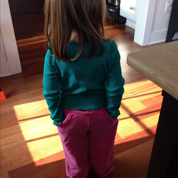Caroline likes putting her pants on backwards.