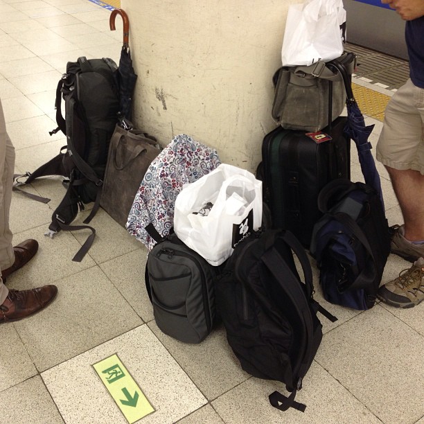 My @tombihn Synapse 25 and Aeronaut, a bento box for the train ride to Narita, and the bags of companions.
