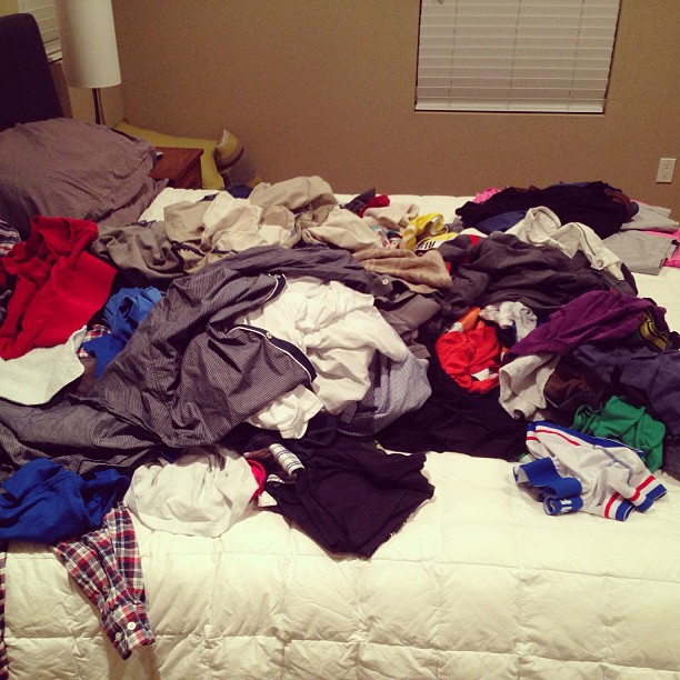 Step 1 -- admit you have a problem. This pile of clean clothes was in hampers in my closet. I was digging through each day to find an outfit. Must fix now!