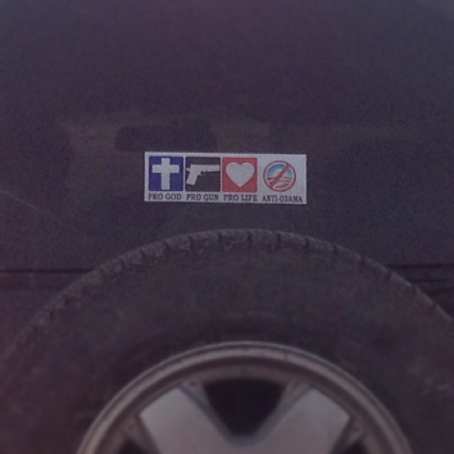Four symbols I would agree with... But my approach to all four is likely so different than this driver that he and I would vehemently disagree on all four. And I'd never put a bumper sticker like this