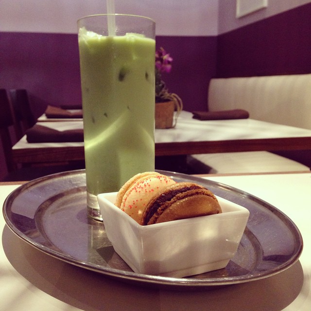 Matcha latte and a Nutella and PB&J macaron. My small indulgence for the weekend.